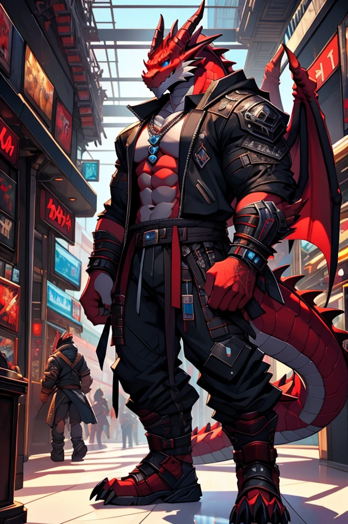 8K, Best Quality, Ultra High Resolution, fantasy cyberpunk world, (male anthro dragon), muscular, Detailed scale texture, broad shoulders, tall stature, handsome, red body, black belly, shadows, detailed, edge lighting, Sharp shadows, toe claw, red wings erecting from his spine, inside of a mall, dressed in a casual gang leader outfit, piercing blue eyes, long red and black tail protruding from his tailbone,
