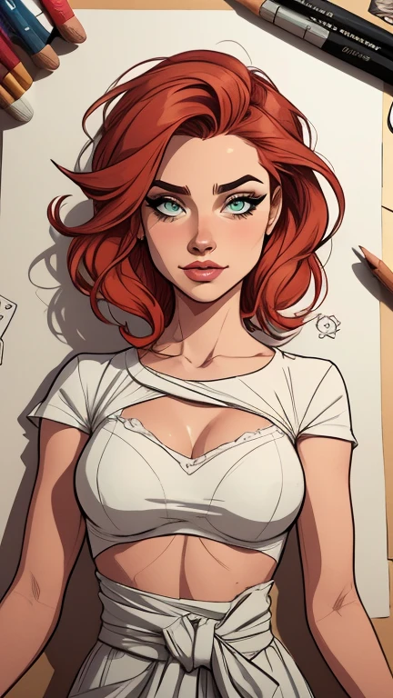 Personagem mulher Geena Davis PinUp dos anos 30 com marcas de guerras Imagem de desenho animado de uma mulher .Ilustra??o estilo desenho animado, estilo de arte dos desenhos animados, estilo de arte dos desenhos animados, digital illustration style, design de personagens altamente detalhado, arte digital detalhada coragem, Forest fan art, Design de personagens de retrato, beautiful digital illustration, retrato de alta qualidade, Arte em quadrinhos, mulher jovem cabelo com transas lindas . Beautiful lined eyes Medium large bust and wonderful sexy clothes. image expression of sexual desire from the waist to the uniform illustration Geena Davis naked without clothes