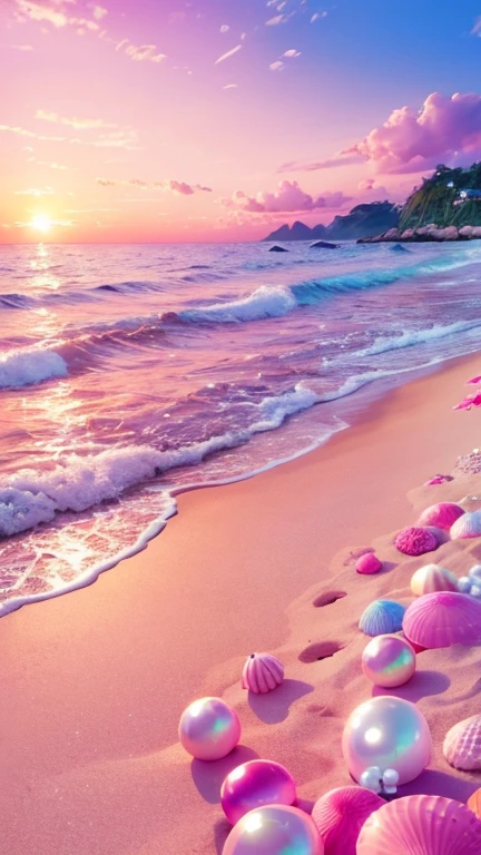 (8K, RAW photo, Best quality, masutepiece: 1.2), (Realistic, Realistic: 1.37) There are pink shells on the beach, there are waters, Pearlescent, pearls and shells, Soft spill, pearls, Pink jellyfish are everywhere, Soft 3D rendering, Ethereal bubbles, Bubble landscape, Elay shader, pastel pink, Pink reflections, Pearl Sky, shells, Paradise pink, Pastel colors, Pink pastels,