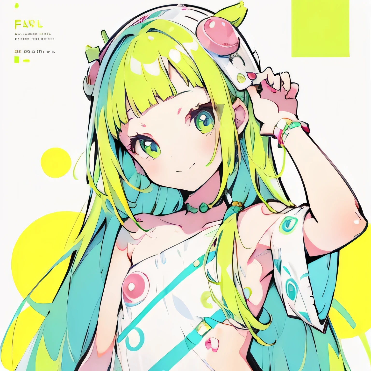 Girly girl, happy, colorful, flat, harajuku, posing, green hair, innocent, smiling, beautiful, face focus, face close-up, short bangs, cute, bubbly, white background, no shirt, naked, fully naked 