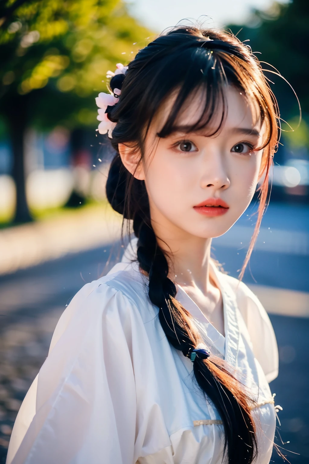 8K, raw, best quality, ultra high resolution, photoactual, actual, 1 girl, (((portrait))), close up, hanfu, Off-white hair, gray hair, Bangs, long hair, Cute headband, Walking in the street, perfect lighting,

,  Akinav1,