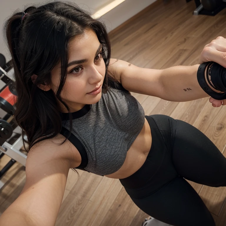 highres,realistic,ultra detailed,portrait,young,beautiful,labanese,girl,20 years old,big eyes,detailed facial features,long eyelashes,sharp beautiful nose,wavy black hair,natural makeup,fashionable attire,fit body,vivid colors,soft lighting,warm tones,rich skin texture,subtle shadows,public gym background,taking selfie,picture captured from top,wearing tight black gym leggings,wearing grey gym top,cleavege, full body high angle, curvy body, sexy pretty girl, beautiful face, sexy seductive model pose, sexy smirk, selfie photo, selfie, high angle selfie, fit body, curvy body, sexy body