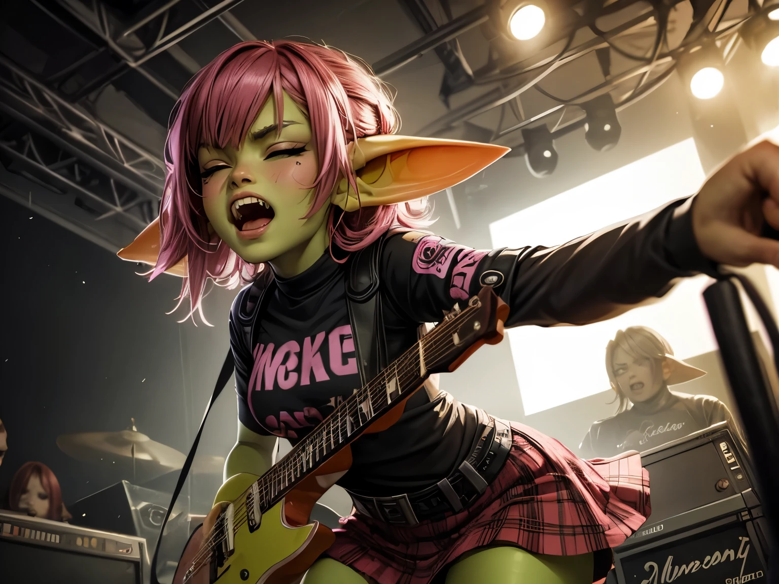 absurd resolution, ((best quality)), ((masterpiece)), (very detailed), 4k, goblin girl, hardcore punk rocker, pink hair, cropped shirt, red punk skirt, pink eye makeup, ripped fishnets, on stage performing in small punk club, green skin, small pointy ears, screaming into microphone on stand, eyes closed, extremely angry, dynamic pose, fishnet body suit, playing worn electric guitar, irate, intense, cinematic still, facial piercings