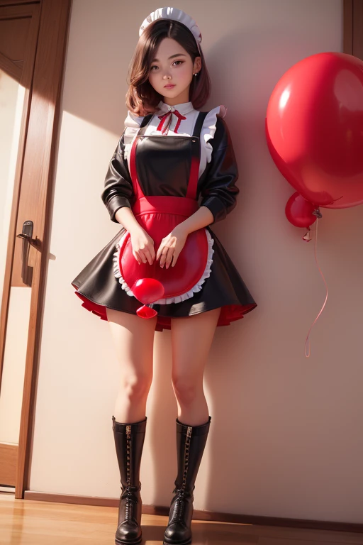 a  girls, (((she is having a red balloon))) , real photo, (((full body))), (looking down at me),  bob hair, big ribbon on he hair, (apron leather dress), boots,