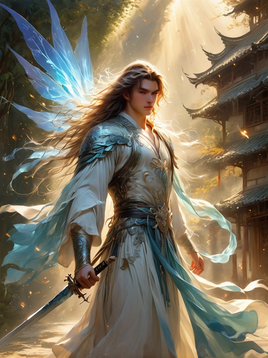 masterpiece，，1 male，aldult，Beautiful face，young，advanced，Antique theme，Fairies，Ancient costumes，holding sword，Sunlight，street，Long hair flying，Sunlight，Background style，breeze blowing，Loose robe，fantasy landscape、Starlight around the character，（whole body）
