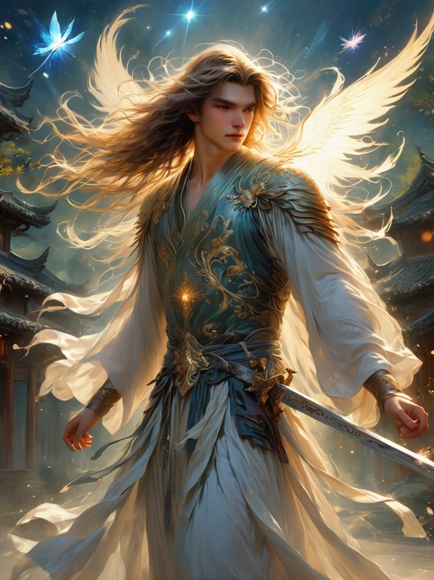 masterpiece，，1 male，aldult，Beautiful face，young，advanced，Antique theme，Fairies，Ancient costumes，holding sword，Sunlight，street，Long hair flying，Sunlight，Background style，breeze blowing，Loose robe，fantasy landscape、Starlight around the character，（whole body）
