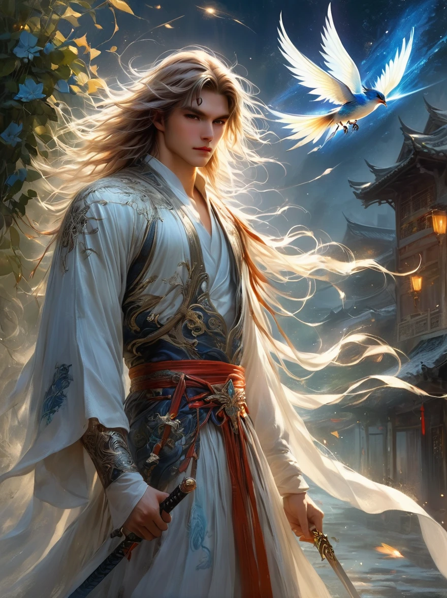 masterpiece，，1 male，aldult，Beautiful face，young，advanced，Antique theme，Fairies，Ancient costumes，holding sword，Sunlight，street，Long hair flying，Sunlight，Background style，breeze blowing，Loose robe，fantasy landscape、Starlight around the character，（whole body）
