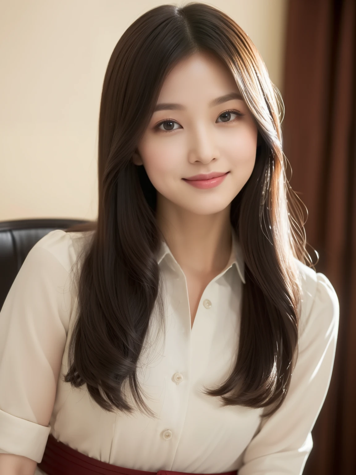 ((Top quality, 8K, Masterpiece: 1.3)), Beautiful girl, Pure, Melon face, Kind and cute, Sweet smile, Pure desire, Slender body, (Front), (Tilted head), ((Looking at camera) ), wearing a raspberry ripple color suit, black straight long hair, long flowing shoulders, round black big eyes, clear big eyes, moist red lips, sweet, sitting on a chair, cafe background, (waist shot), (Random body direction), (Shooting from a long distance),
