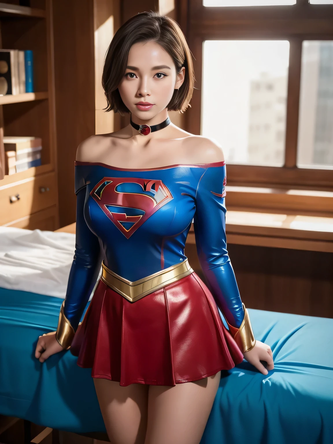 masterpiece、supergirl costume、short hair、barefoot、big and full breasts、Research room、operating table、oil massage、Oily Skin、shiny、look at the camera、Sexy poses to seduce、model body shape、choker、long sleeve、red mini skirt、Cowgirl、Estrus、sweaty、Radical、off shoulder、Glamorous、charm、charming、abused、