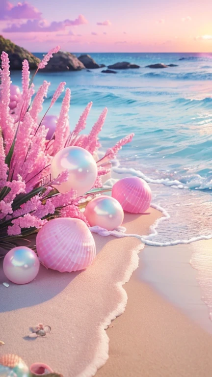 (8K, RAW photo, Best quality, masutepiece: 1.2), (Realistic, Realistic: 1.37) There are pink shells on the beach, there are waters, Pearlescent, pearls and shells, Soft spill, pearls, Pink jellyfish are everywhere, Soft 3D rendering, Ethereal bubbles, Bubble landscape, Elay shader, pastel pink, Pink reflections, Pearl Sky, shells, Paradise pink, Pastel colors, Pink pastels,