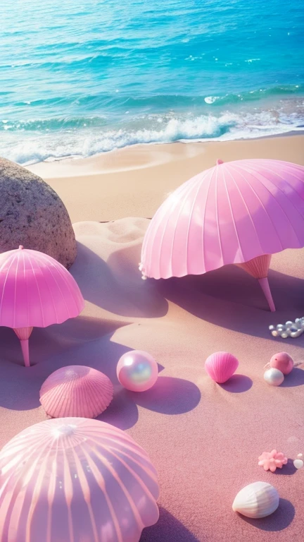 (8K, RAW photo, Best quality, masutepiece: 1.2), (Realistic, Realistic: 1.37) There are pink shells on the beach, there are waters, Pearlescent, pearls and shells, Soft spill, pearls, Pink jellyfish are everywhere, Soft 3D rendering, Ethereal bubbles, Bubble landscape, Elay shader, pastel pink, Pink reflections, Pearl Sky, shells, Paradise pink, Pastel colors, Pink pastels,