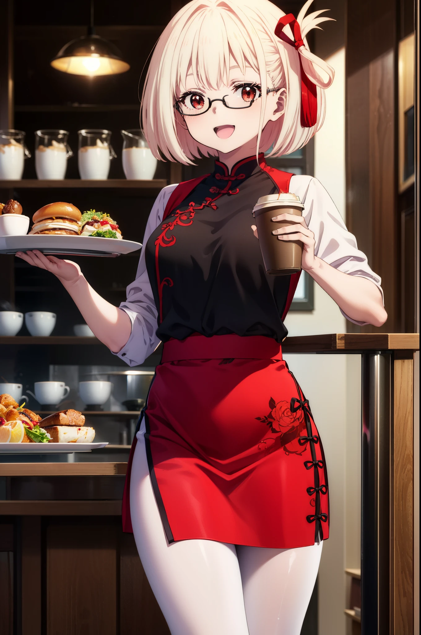 chisatonishikigi, Chisato Nishikigi, short hair, bangs, blonde hair, (red eyes:1.5), hair ribbon, one side up, bob cut,happy smile, smile, open your mouth,skirt,happy smile, smile, open your mouth,skirt,
red cheongsam,Red long slit,white pantyhose,stiletto heels,Akabuchi Glasses,food, drink, Tables and chairs, cleaning,whole bodyがイラストに入るように, tray, tray in one hand
break indoors,Chinese style coffee shop,
break looking at viewer, whole body,(cowboy shot:1.5),
break (masterpiece:1.2), highest quality, High resolution, unity 8k wallpaper, (figure:0.8), (detailed and beautiful eyes:1.6), highly detailed face, perfect lighting, Very detailed CG, (perfect hands, perfect anatomy),