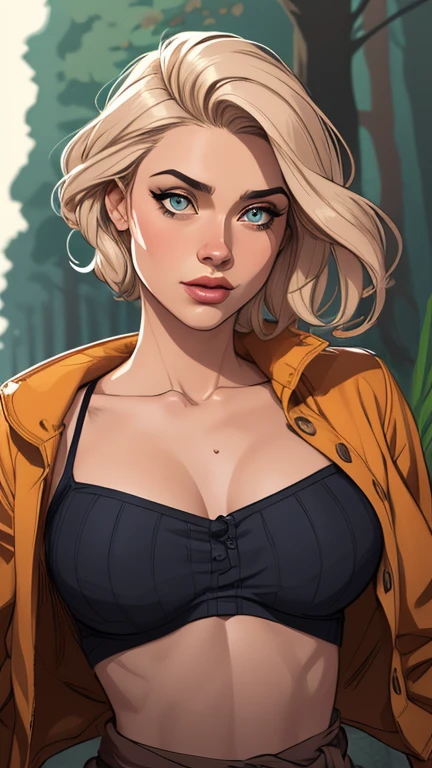 green ((pearl)) at hands,portrait girl eating a green pearl in (Blue oversized hoodie) and black Elastic shorts sits at sofa at dark green office, adult, [Nordic], Hourglass elongated fitness body, perfect Olive skin, Oval Face, Long neck, Rounded shoulders, perfect hand, Attached Pointed ears, round forehead, Short blonde Waves pixie hair, snub nose, Arched eyebrows, High Round Narrow cheekbones, Dimpled Cheeks, Rounded Chin, Rounded Jawline, Full nude Lips, Nude Makeup Look, long eyelashes, graphic style of novel comics, 2d, 8k, hyperrealism, masterpiece, high resolution, best quality, ultra-detailed, super realistic, Hyperrealistic art, high-quality, ultra high res, highest detailed, lot of details, Extremely high-resolution details, incredibly lifelike, colourful, soft cinematic light,