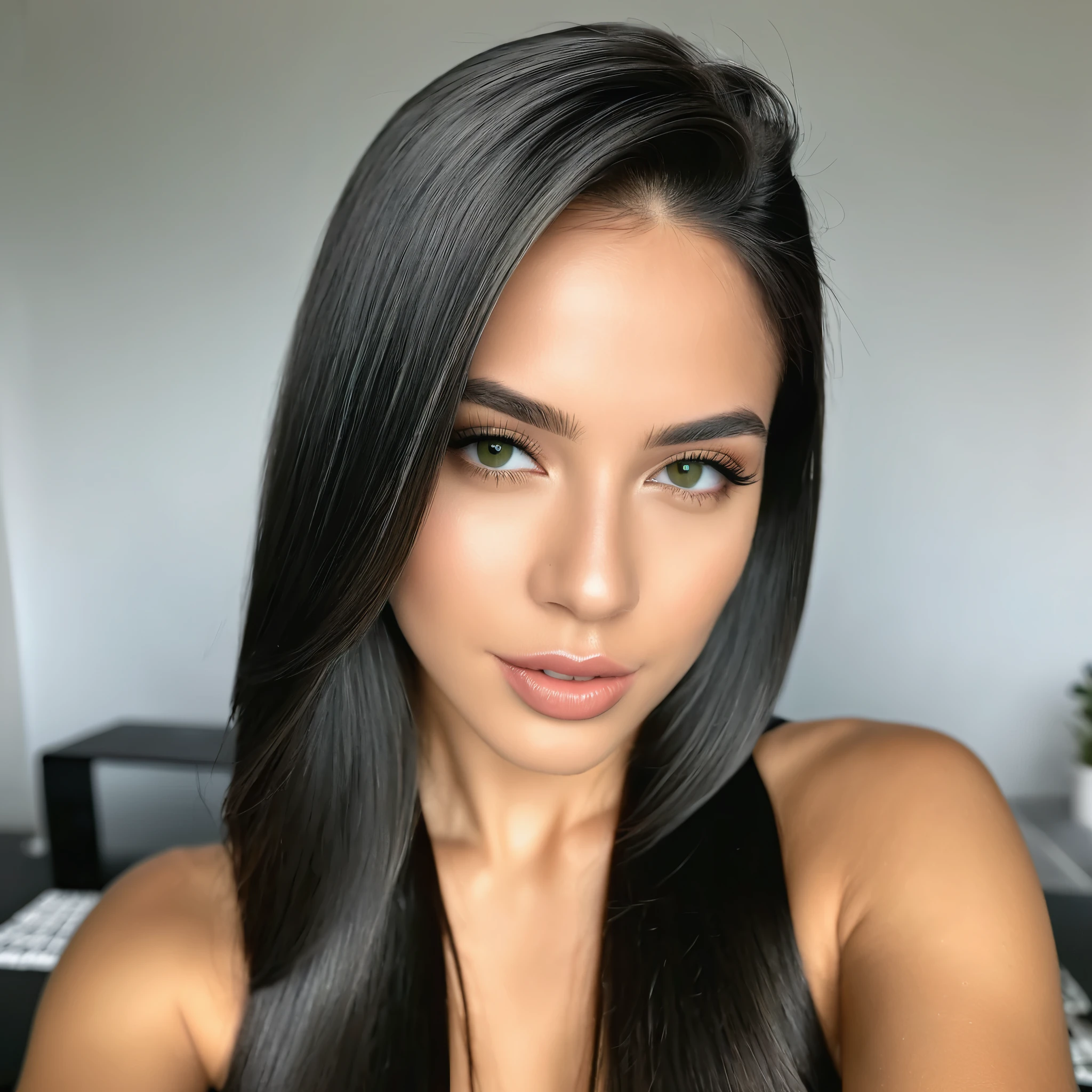 8k, Melhor qualidade, mesa, realista, O ultra-detalhado, fotografia realista, Um hiper-realista, softer lighting, increase the quality of cinematic lighting, photorealistic lighting, Back lighting, luz brilhante, Aumentar a qualidade, Peles com textura real de alta qualidade, cintura fina, quadril largo, bumbum arrebitado, seios fartos, pele macia, delicada, ot garota branca magra, cabelo preto , cabelo liso, fino, branca de olhos verdes, istp style, foto realista, , apartamento simples, pequeno, analog camera effect, video baixa qualidade, webcam efeito cabelo liso, , calvin klein, chapinha, gamer style, cabelo extremamente liso, foto corpo inteiro, video caseiro, webcam