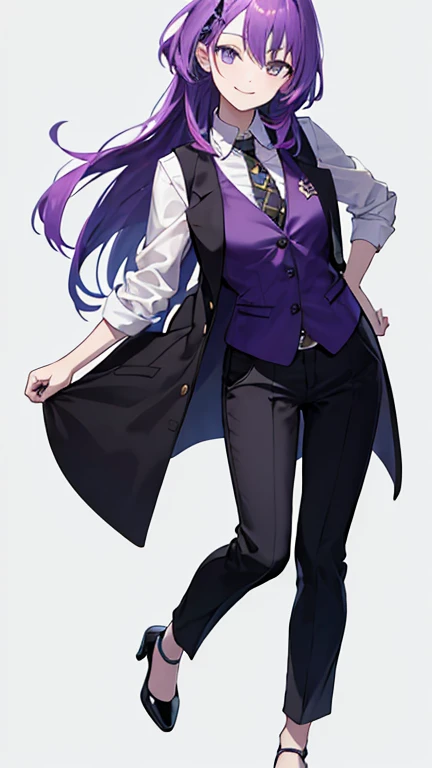 Woman with purple hair,bartender,vest,shirt,tie,pants,Heel,simple background,smile,whole body,full body,full body,Standing picture,vtuber,front,from front,Viewer&#39;s perspective,Focus your gaze on the front,
