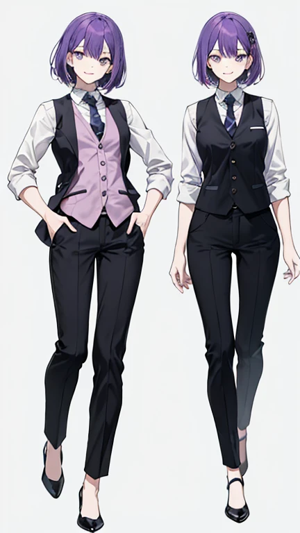 Woman with purple hair,bartender,vest,shirt,tie,pants,Heel,simple background,smile,whole body,full body,full body,Standing picture,vtuber,front,from front,Viewer&#39;s perspective,Focus your gaze on the front,