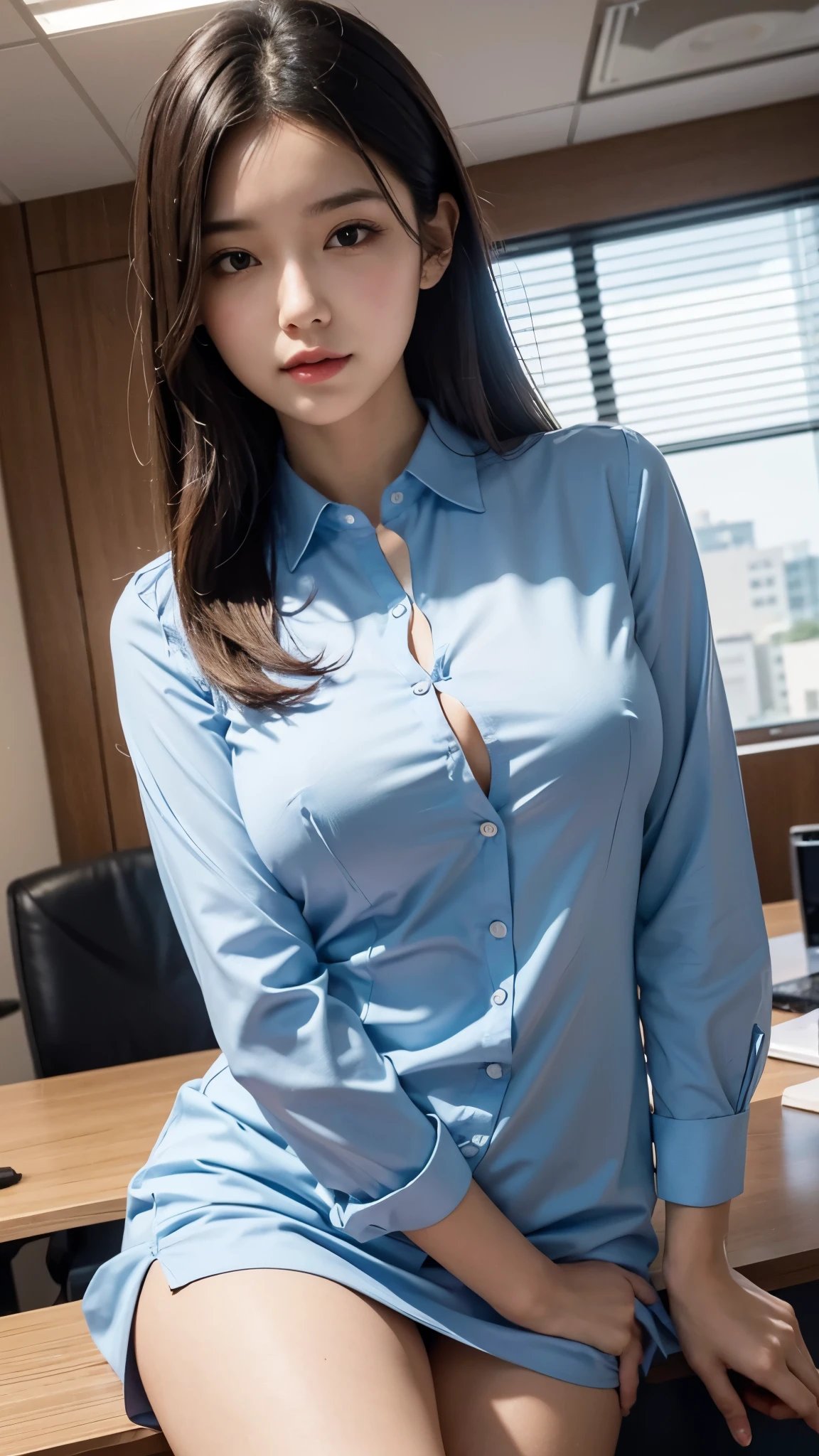 best quality, 4K, 8K, Detailed faces, Clear face, pretty girl, Perfect body, medium breasts, thigh,, Girl in office clothes, Female office worker, dress, office view,