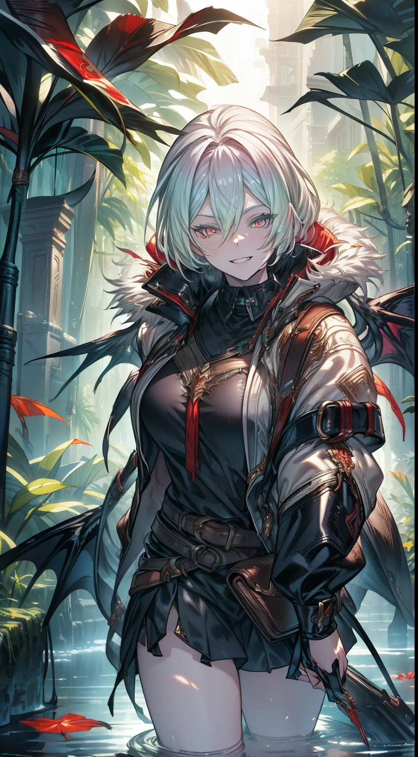 realistic photo of slaved (savage, tribal, jungle)_vampire with (white hair), bat fur, coat|wings, ((fangs)), colorful extremely_detailed_(tribal, jungle)_tight_(lacy, leather, fur, silk, satin, latex)_(clothing, skirt), high collar, detailed face, detailed beautiful shiny red eyes, slit pupils, metallic reflections, ((tatooed, marked)_with_shining_runes)_fit_muscular_body, shiny skin, tropical city ruins fog, 1girl, natural breasts, medium length white hair, masterpiece, best quality, beautiful and aesthetic:1.2, fractal art:1.4