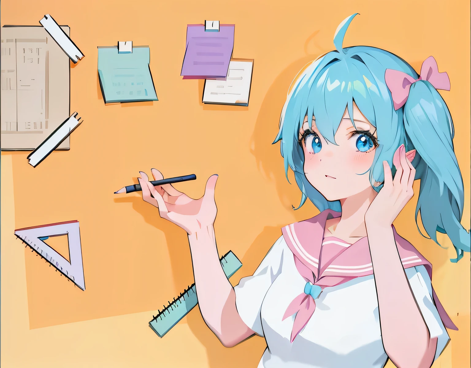 Anime girl with blue hair and pink bow holding a pencil, Anime cute art style, 2 d anime style, in anime style, anime art style, 1980s anime art style, anime style 4 k, in an anime style, high quality anime art style, anime style. 8K, anime background, anime art style, high school background