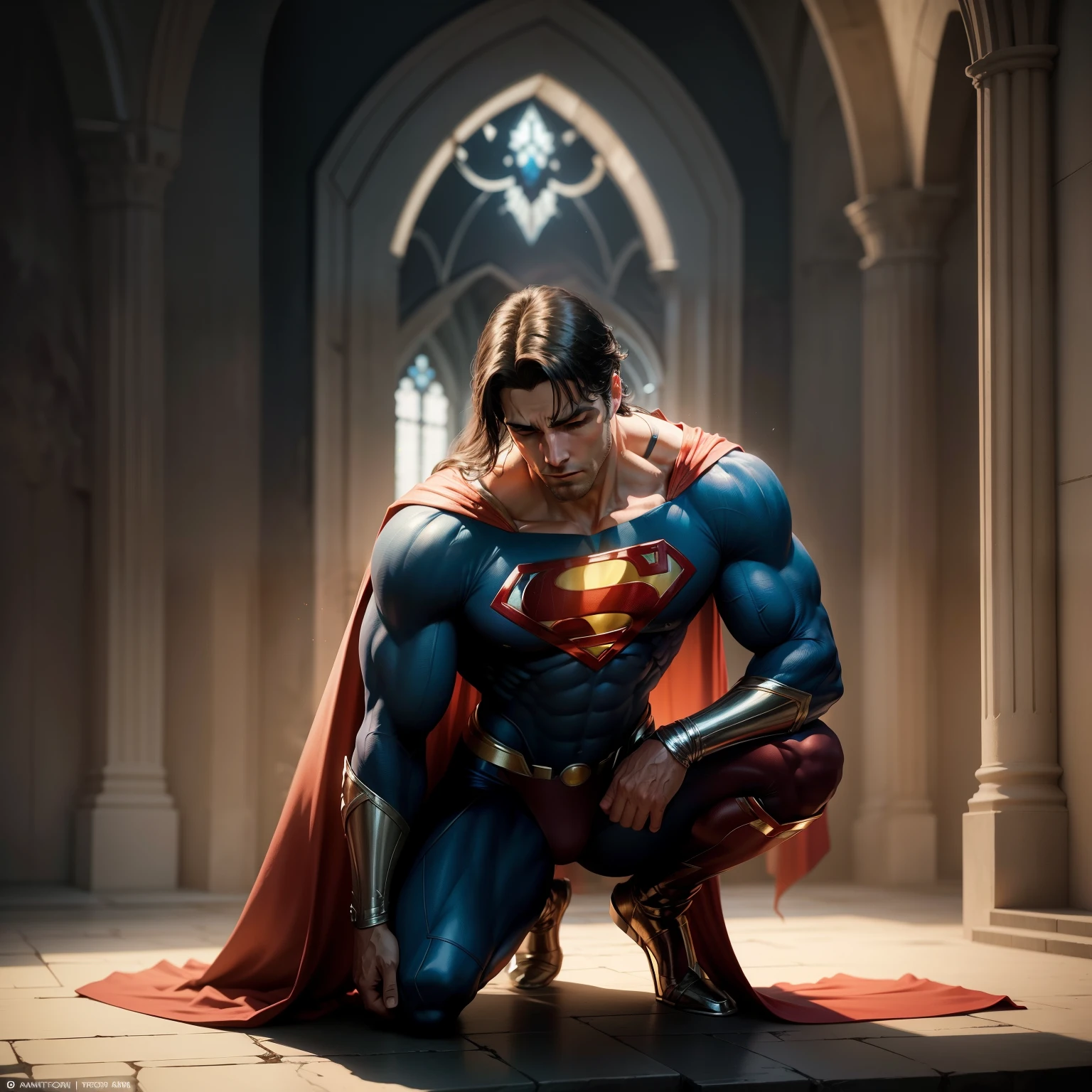 Superman with Humility: Kneeling Before the Son of God

Superman, the Man of Steel, renowned for his strength and invulnerability, bows his head in reverence before the figure of Jesus. His posture exudes a profound sense of respect and humility, as he acknowledges the divine presence before him. The scene is bathed in a warm, heavenly light, creating an ethereal atmosphere. Superman's muscular form contrasts dramatically with the serene, otherworldly aura of Jesus, highlighting the disparity between the mortal and the divine. This poignant display of reverence adds a deeper layer to Superman's character, revealing his spiritual