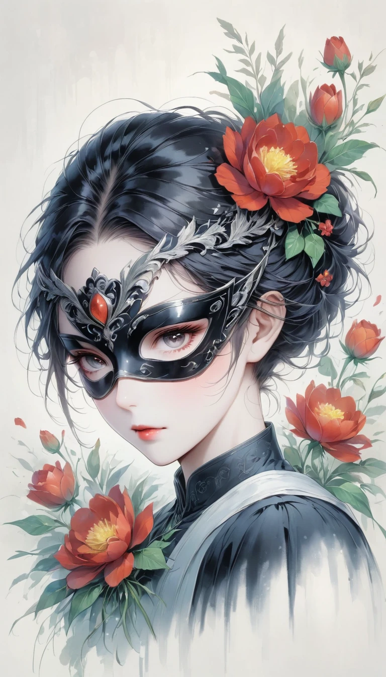 Anime line drawing,black and white,mask,flower