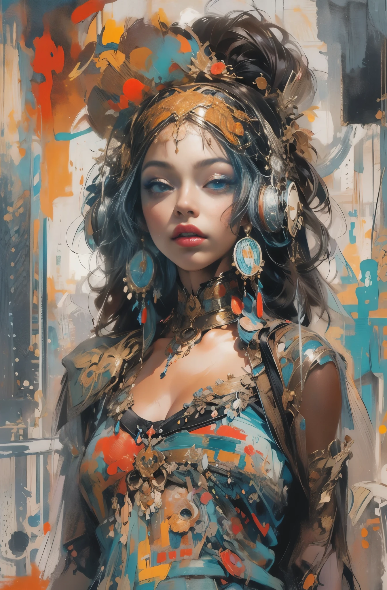 Textures: 1.5, orange and blue: 1.1, white: 1.3, yellow and blue: 1.3, (redhead woman), sexy, tattoos, (power puffer clothes: 1.2), 3d graffitti, abstract, lines, background circles, by Adam Hughes, art by Jay Anacleto,Paint Splatters, (Beautiful Spiral Paint Swirls), by Jeremy Mann, By Sandra Chevrier, vivid contrasting colors, chromatic abberation,black hair fused with platinum and gold, naked girl, beautiful visible pubic area, pink pesones, small breasts in sight,