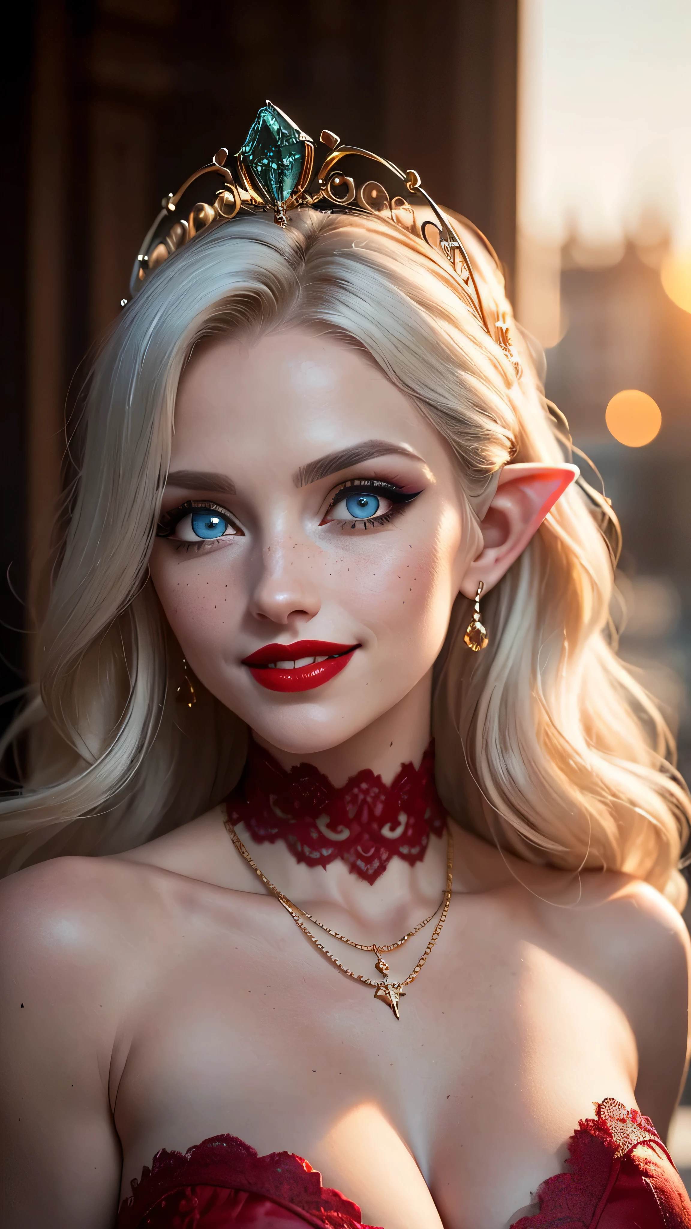 (masterpiece), (extremely intricate:1.3), (realistic), portrait of a muscular girl, ((((detailed mature 40year elven woman, ((blackout gothic eye makeup, red lips, strong square cleft chin, smiling), diamond tiara, golden hour, ice blue eyes, long wavy white hair, fur trim red lace dress)), emerald necklace)), freckles: 1.0), metal reflections, upper body, outdoors, intense sunlight, far away castle, professional photograph of a stunning woman detailed, sharp focus, dramatic, award winning, cinematic lighting, volumetrics dtx, (film grain, blurry background, blurry foreground, bokeh, depth of field, sunset, interaction), 8K