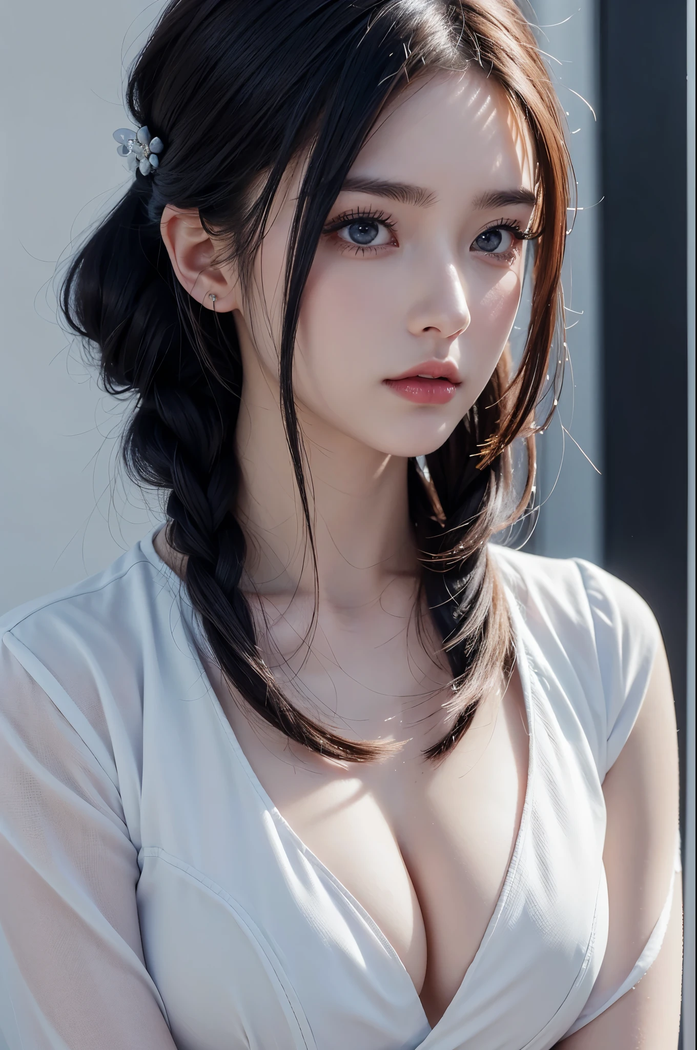 master piece,highest quality,High resolution,8K,(sports late),(Avatar close up),(RAW photo),real photos,digital photography,(female president),( Female Professionals),20 year old girl,random hairstyles,Red eyes and blue gradient hair),serious and persistent,cleavage, accessories,please keep your mouth shut,elegant and attractive,serious and arrogant,calm and handsome,(white woman'business wear),photo pose,realistic style,gray world background,oc rendering reflection texture