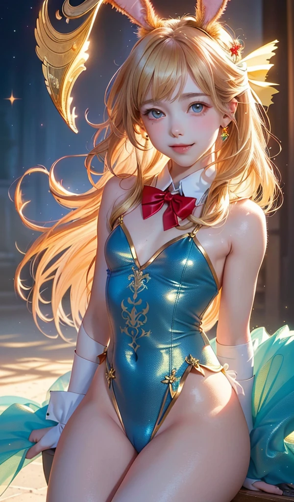 masterpiece, best quality, extremely detailed CG unity 8k wallpaper, (Upper Body head close-up shot of a beautiful ), , Elegant Long straight blonde hair, (Mckenna Grace), (flat chest,thighs), (red-blue) golden (Glittering tutu,long Bunny Ear Headgear, , Bow-tie, No panties, genitals visible), (spread legs), (Blush), oil skin, (seductive smile), (Wonderland), pretty face, key art, award winning, intricate detail realism hdr, by (ruan jia and artgerm and range murata), Photorealism, Hyperrealism, ultra realistic, dramatic light, intense shadows, gorgeous view, depth of field