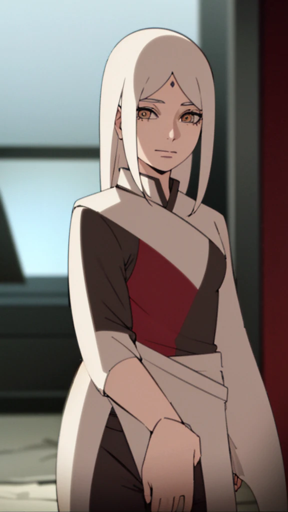 Masterpiece, Best quality, High accuracy, 1girl, Single, Kocho Shinobu, Sharp, light white eyes with a Sharingan , White hair, long hair , Parted bangs, Black pants, Black jacket, robin&#39;s hair, Akama, Kunoichi, M. Long, belt,, forest, a night, Moon, calm smile, Naruto 