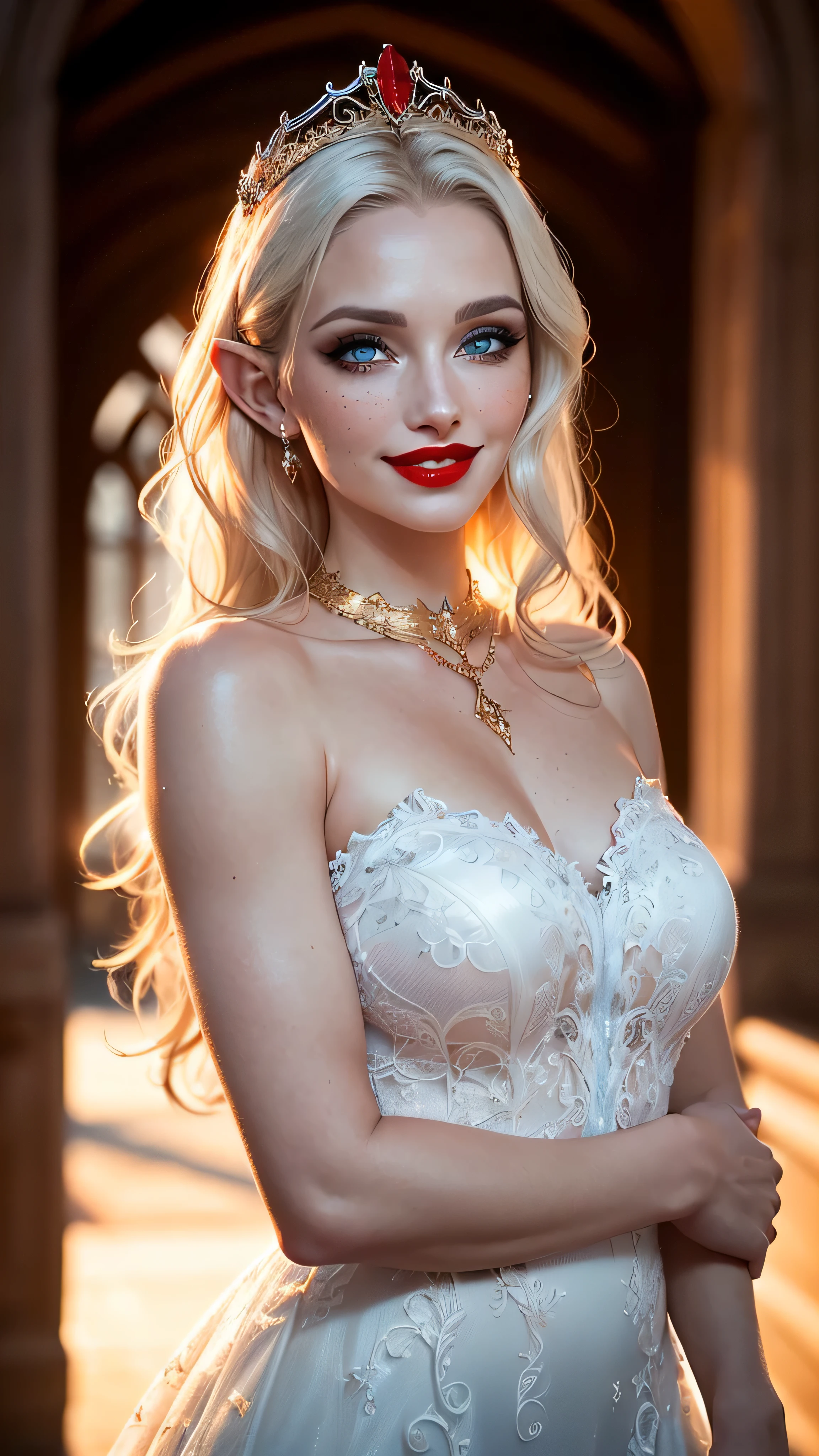 (masterpiece), (extremely intricate:1.3), (realistic), portrait of a muscular girl, ((((detailed mature 40year elven woman, ((blackout gothic eye makeup, red lips, strong square cleft chin, smiling), diamond tiara, golden hour, ice blue eyes, long wavy white hair, fur trim red lace dress)), emerald necklace)), freckles: 1.0), metal reflections, upper body, outdoors, intense sunlight, far away castle, professional photograph of a stunning woman detailed, sharp focus, dramatic, award winning, cinematic lighting, volumetrics dtx, (film grain, blurry background, blurry foreground, bokeh, depth of field, sunset, interaction), 8K