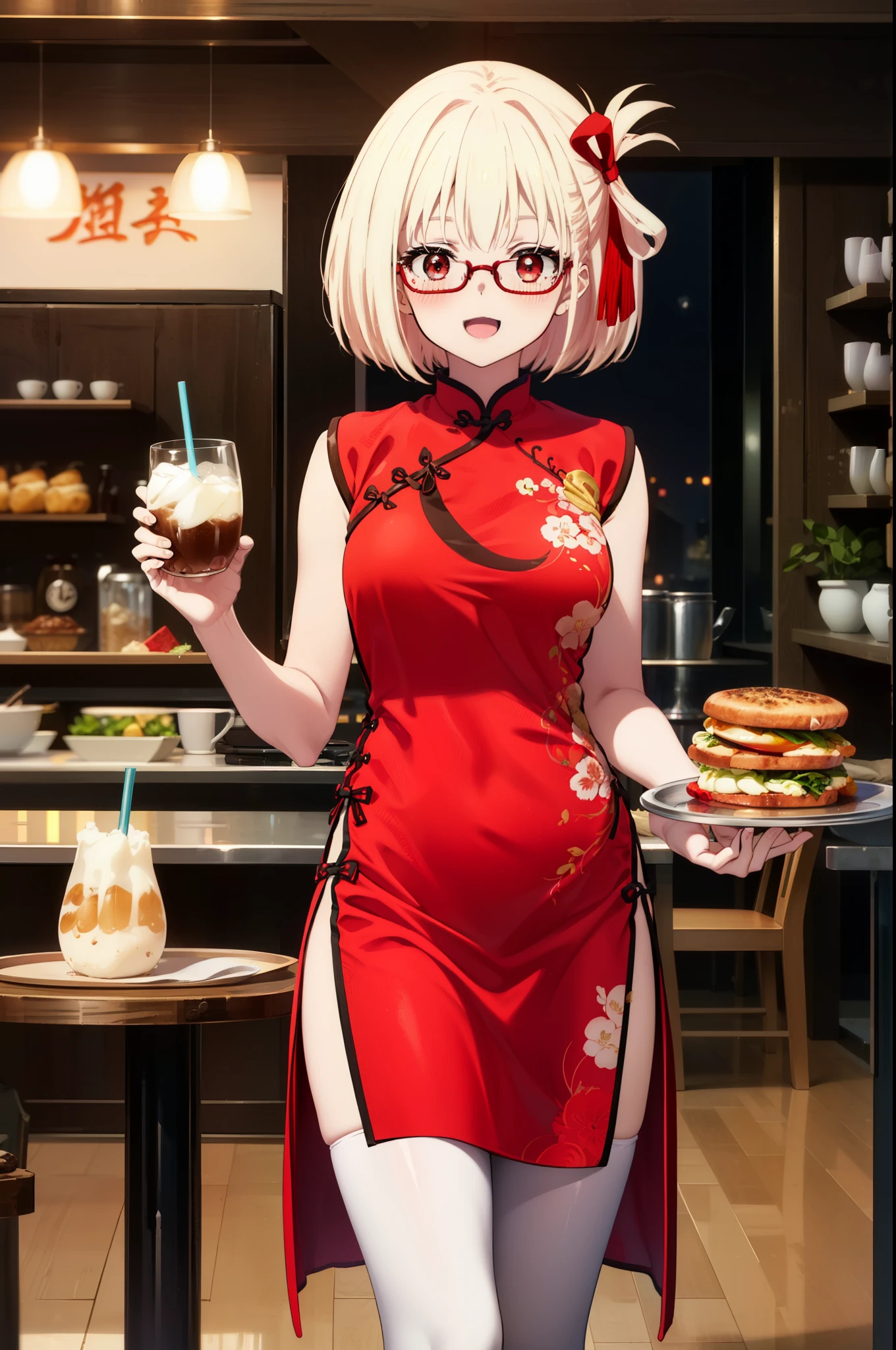 chisatonishikigi, Chisato Nishikigi, short hair, bangs, blonde hair, (red eyes:1.5), hair ribbon, one side up, bob cut,happy smile, smile, open your mouth,blush,
red cheongsam,Red long slit,white pantyhose,stiletto heels,Akabuchi Glasses,food, drink, Tables and chairs, cleaning, tray, tray in one hand
break indoors,Chinese style coffee shop,
break looking at viewer, whole body,(cowboy shot:1.5),
break (masterpiece:1.2), highest quality, High resolution, unity 8k wallpaper, (figure:0.8), (detailed and beautiful eyes:1.6), highly detailed face, perfect lighting, Very detailed CG, (perfect hands, perfect anatomy),