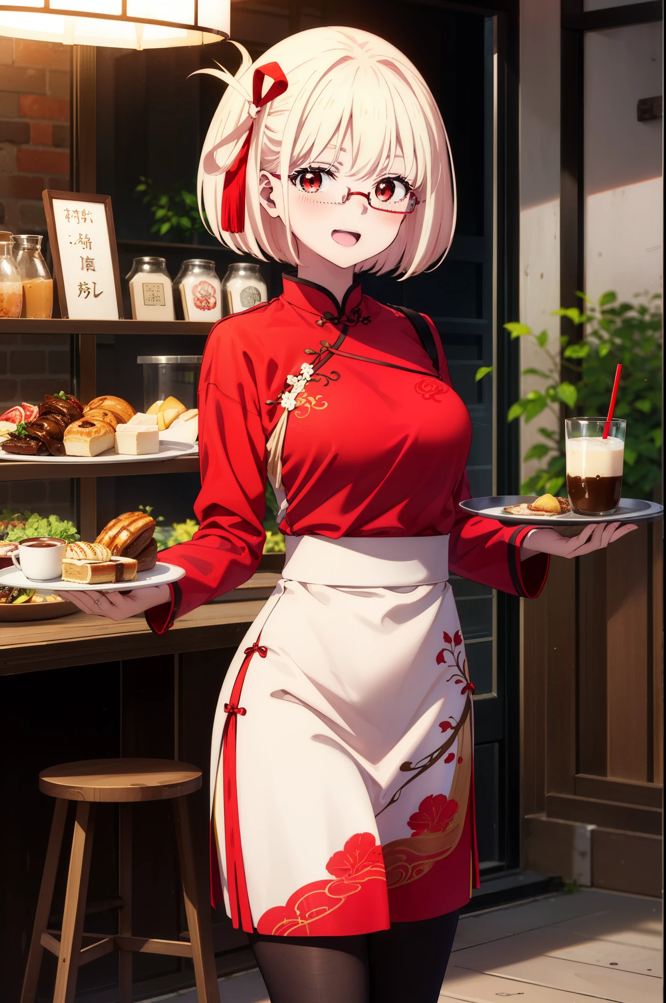 chisatonishikigi, Chisato Nishikigi, short hair, bangs, blonde hair, (red eyes:1.5), hair ribbon, one side up, bob cut,happy smile, smile, open your mouth,blush,
red cheongsam,Red long slit,white pantyhose,stiletto heels,Akabuchi Glasses,food, drink, Tables and chairs, cleaning, tray, tray in one hand
break indoors,Chinese style coffee shop,
break looking at viewer, whole body,(cowboy shot:1.5),
break (masterpiece:1.2), highest quality, High resolution, unity 8k wallpaper, (figure:0.8), (detailed and beautiful eyes:1.6), highly detailed face, perfect lighting, Very detailed CG, (perfect hands, perfect anatomy),