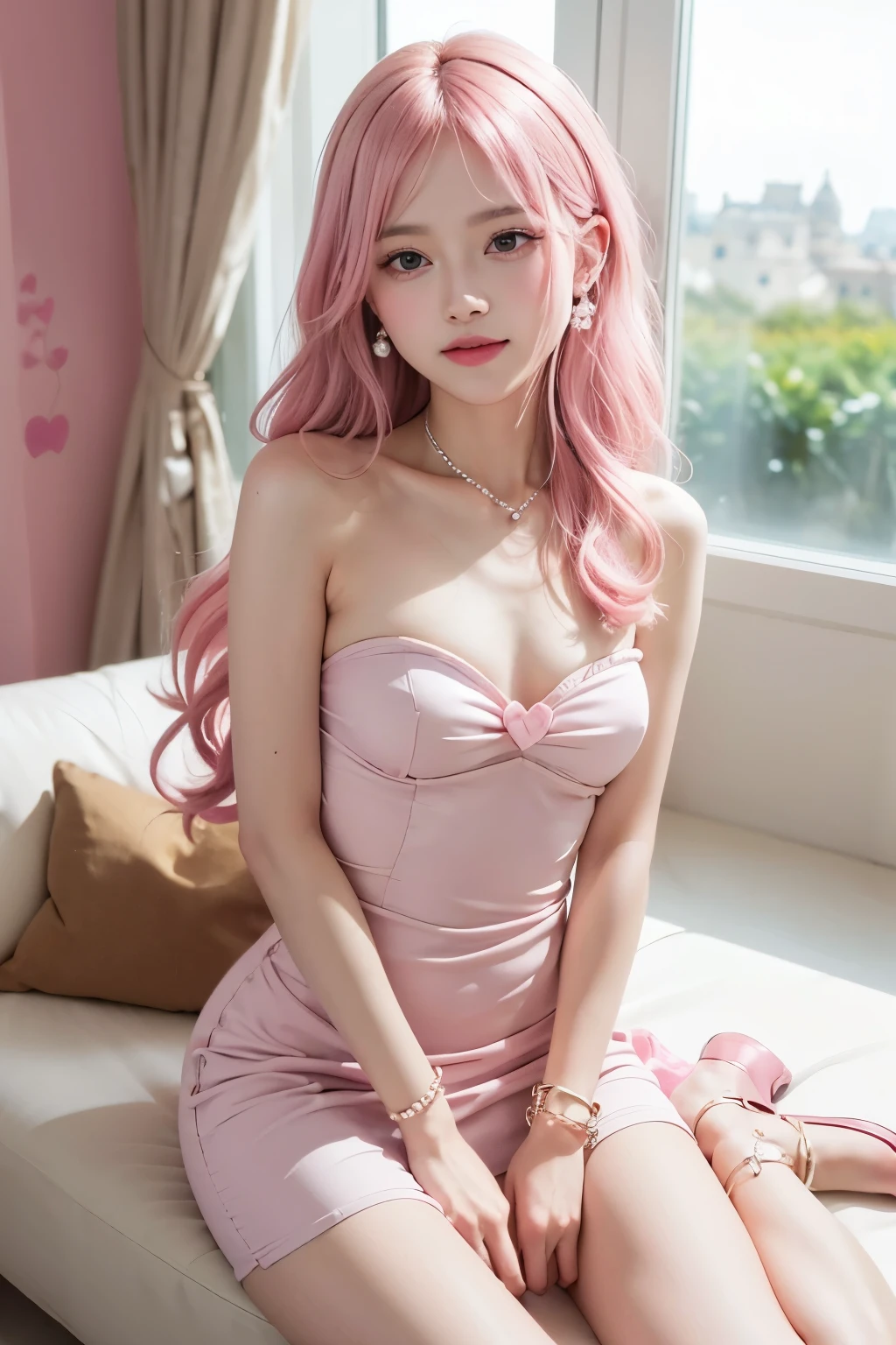 (8K, top-quality, masterpiece:1,2), (reallistic, Photorealsitic:1.37), Super Detail, One girl,), (Highly detailed), (beautifully detailed eyes), (of the highest quality), (super detailed ), (masterpiece), (Detailed face),20yr old, ,1 girl, ((pink hair,long hair)), medium breasts, clothed, Perfect Lighting, BREAK (cute but tight dress:1.5), (pastel pink:1.3), (satin:1.2), (strapless bra:1.2), (bodycon silhouette:1.4), (heart neckline:1.3), (small ribbon on the back:1.2), (nude strap high heels:1.3), (pearl earrings:1.2), (pearl bracelet:1.2), BRAKE (upper body to knees:1.2), (wavy long pink hair:1.5), (elegant smile:1.3), (one hand lifting skirt slightly:1.4), (other hand on chest:1.4), (luxurious palace interior:1.5), (marble columns:1.3), (mural:1.2), (soft light from window:1.4)
