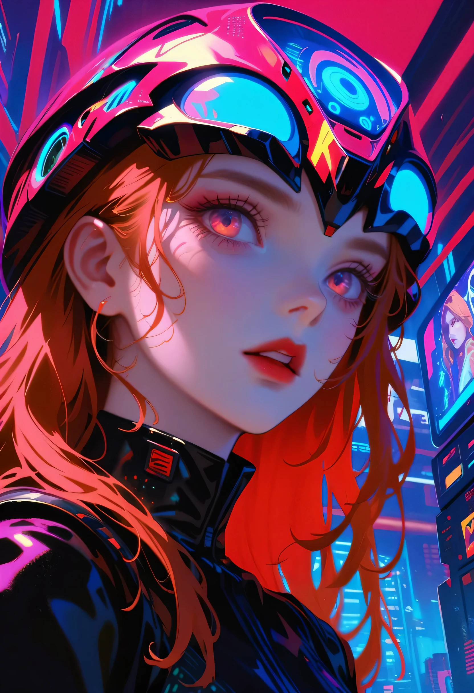 A man wearing a futuristic helmet、Close-up of woman wearing red lipstick, Cyberpunk Jackie Wells, CG Society 9, style = retrofuturism, Beautiful robot woman, Portrait of female robot, retro future fashion, still from the movie《blade runner》, Female robot in the data center, Moebius aesthetics, Alien movie stills, Depicted as a science fiction scene