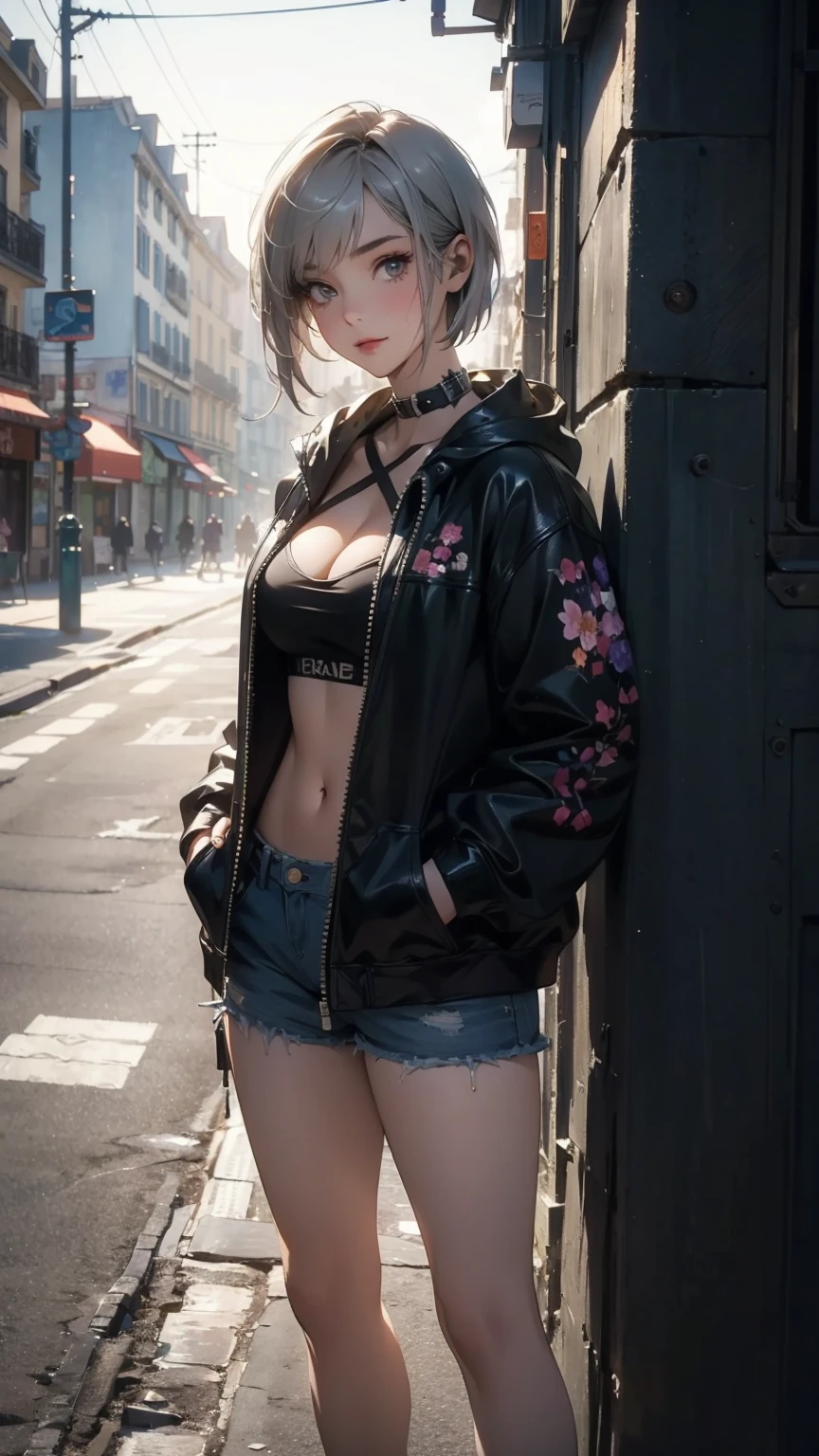 (Highly detailed CG unit 8k wallpaper, masterpiece, High resolution, highest quality, natural skin texture), Composition from head to stomach:1.5, (20 year old woman, Hands in pockets pose:1.5, smile, detailed eyes, gradient eyes), (Stalgic Fashion, Yellow-lined hooded jacket, black leather hot pants, Asymmetrical punk short hair:1.2, ash gray hair, Slightly exposed cleavage), (Backstreets of Paris:1.3, Colourful flower beds along the road, cinematic lighting), high contrast, hyper realistic, digital painting, concept art,