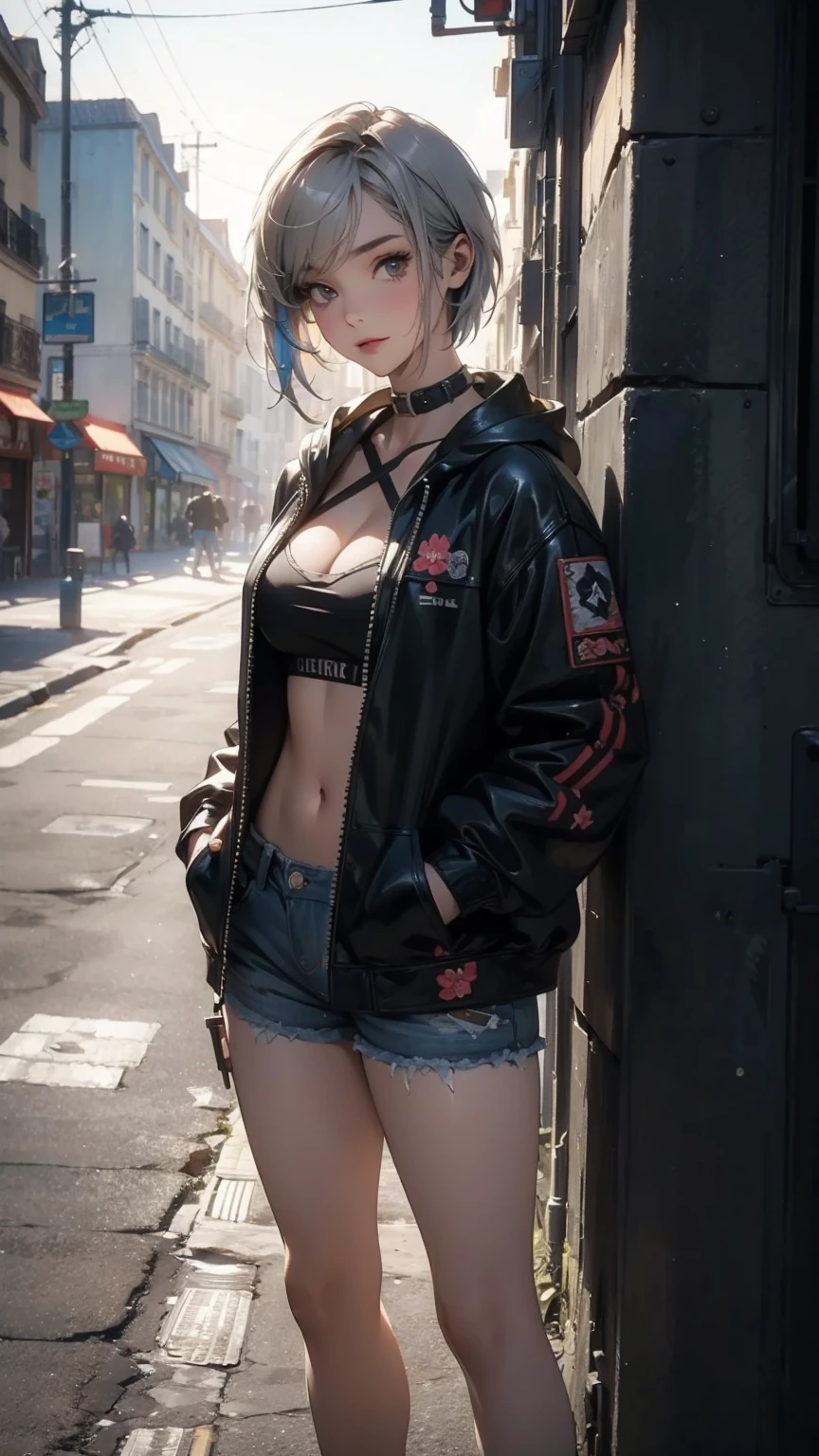 nude young female Vietnamese, young cute vampire, cybernetic fangs, black red and white dyed hair, dual braided hair, leather trench coat only, Photorealistic, city background, Realistic, Dramatic, Dark, Sharp Focus, 8k