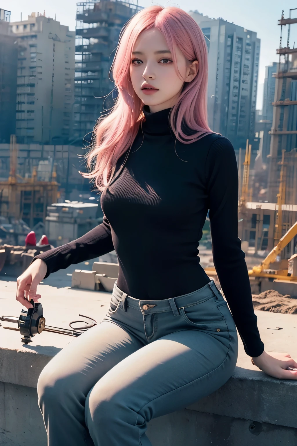 (high quality:1.2), woman, 1 girl, (8K, top-quality, masterpiece:1.2), (realistic, Photorealistic:1.37), Super Detail, One girl, (Highly detailed), (beautifully detailed eyes), (of the highest quality), (super detailed), (masterpiece), (Detailed face), 20yr old, 1 girl, ((pink hair, long hair)), medium breasts, clothed, Perfect Lighting, BREAK (deep navy blue grossy blazer:1.3), (fitted grossy bodysuit:1.4), (cropped turtleneck sweater:1.5), (high-waisted slim-fit pants:1.4), (bodycon silhouette:1.3), (gold buttons:1.2), (short stockings:1.2), (ankle boots:1.3), (simple gold necklace:1.2), (wristwatch:1.2), BRAKE (pink long hair:1.2), (serious expression:1.3), (holding helmet:1.4), (holding tools:1.5), (looking at feet:1.6), (construction site background:1.7), (natural light:1.8)
