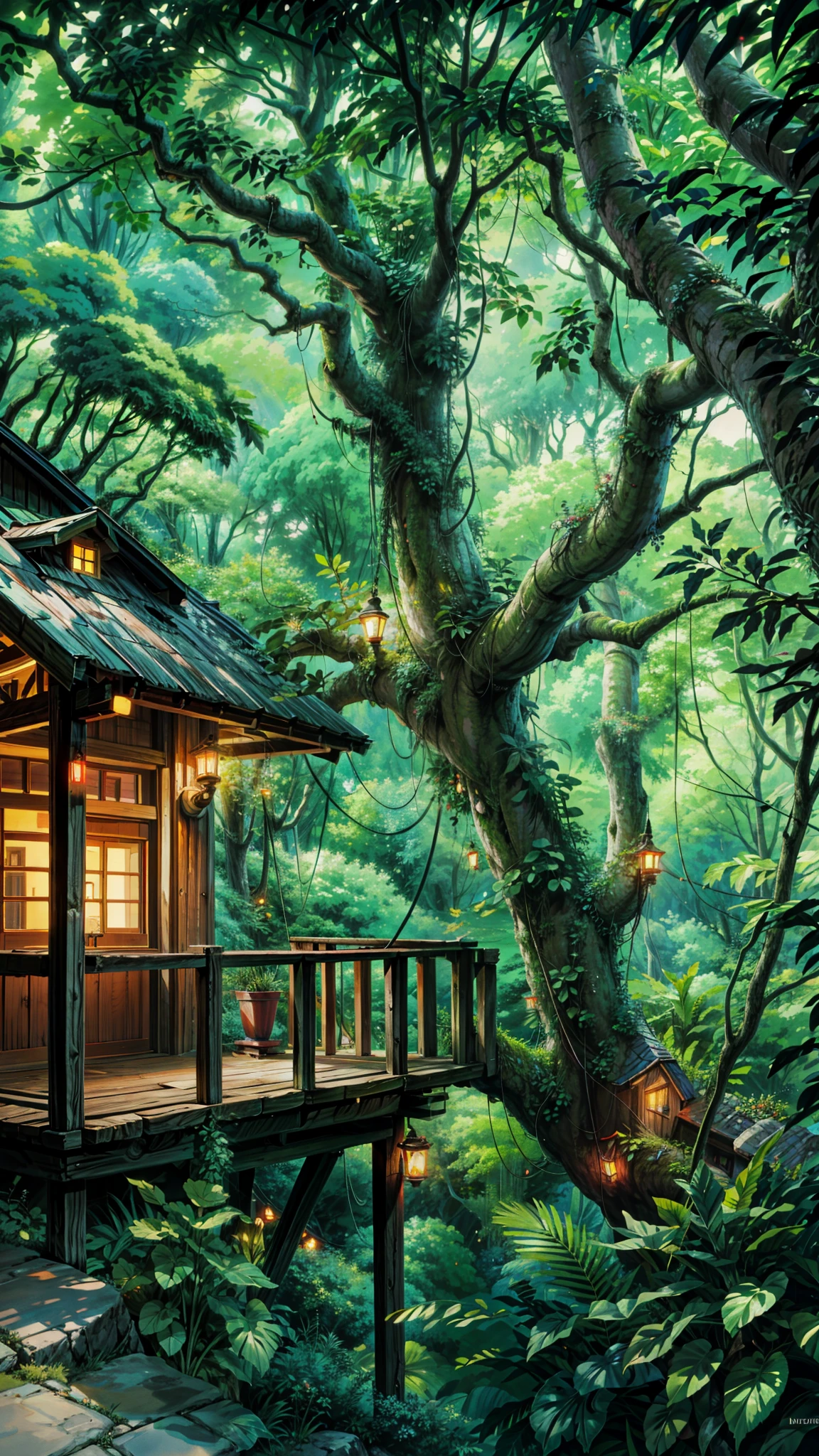 A house in the middle of the forest, studio ghibli environment, too much growth. by makoto shinkai, cozy cafe background, Studio Ghibli movie stills, Studio Ghibli's smooth concept art, Nestled in the forest, complex environment, anime scenery, 詳細なcomplex environment, makoto shinkai. high detail, Jungle vines and fireflies, Cozy and welcoming atmosphere, intricate detailed environment, 4K HD,, Beautiful art UHD 4K, Beautiful artwork illustration, beautiful digital paintings, highly detailed digital paintings, beautiful digital artwork, detailed painting 4k, highly detailed digital paintings, Picture-rich colors, amazing digital paintings