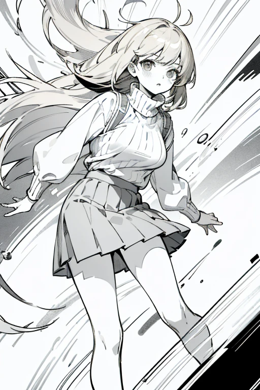 ((highest quality)), ((masterpiece)), (be familiar with), perfect face、girl、line drawing、anime style、Flaxen Turtleneck Sweater、skirt、Show the whole body、draft、monochrome、rough、skirtを手で掴む、long hair、black hair、cool、Calm、big breasts