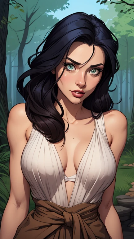 Catherine Zeta Jones, beautiful, completely naked, large breasts, wide hips, long black flowing hair, smiling , sitting on a stone, in a forest, under moonlight, full body image, night view, graveyard in background, fog, front view , breasts visible, photorealistic, high resolution