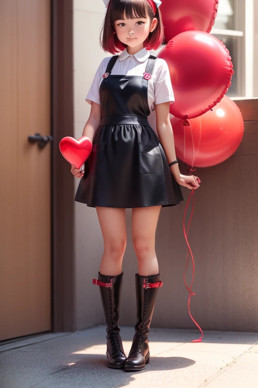 a girls, ((she is having a red balloon)) , real photo, (((full body))), (looking down at me), bob hair, big ribbon on he hair, (apron leather dress), boots,