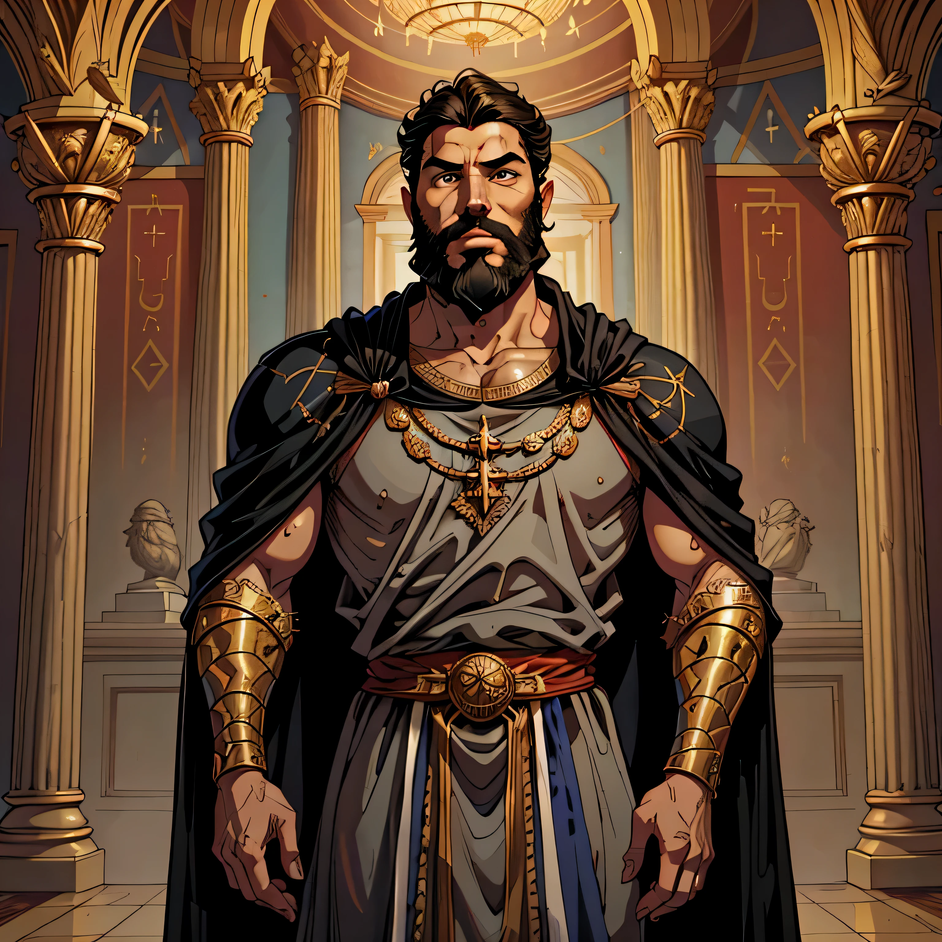 best quality image, man, king, 40 years old, short curly black hair, with thick beard, standing in a biblical style royal room, wearing biblical style royal clothes, expressive face, staring straight ahead, biblical style, Hebrew