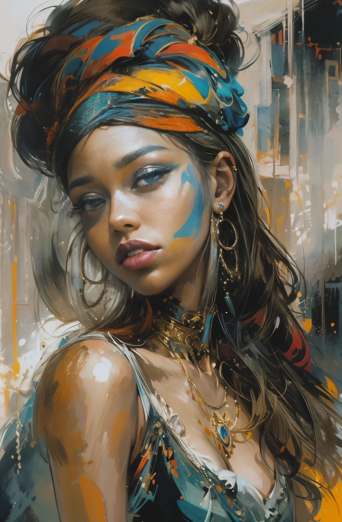 Beautiful Black Women Paintings, pretty much beautiful face, Female Rapper, Queen of Hip Hop, soulful, Avant-garde, Empress of the Streets, Street fashion guide, check it out, Ultra-detailed paintings inspired by WLOP, art station trends, fantasy art, A complicated mess, The art of hitting, wallop art, WLOP |, wallop style, beautiful character drawings, Wlop painting style, WLOP | germ of art, Unparalleled Beauty Tumbler, figurative art, intense watercolor, watercolor detailed art, watercolor splash, surreal, avant-garde pop art, Beautiful and expressive paintings, Beautiful artwork illustration, very colorful tones, wonderful, cool beauty, masterpiece, highest quality, official art, women only, sharp outline, best shot, vector art, Written by Sandra Chevrier, dave mckean、By Richard Avedon、Written by Makiezi Kusiala, luminous design