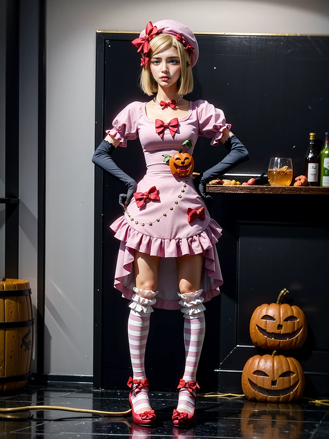 (1 lady), The beautiful, (Best quality at best:1.4), (ultra - detailed), (extremely detailed CG unified 16k), gold blonde hair, very detailed, High-definition RAW color photo, professional photoshooting, amazing face and eyes, cosmetics, (amazingly beautiful girl), ((lambdadelta)), ((dress, shoes bow, red shoes, striped stockings, red bow, pink hat, necklace, gloves, pearl, pumpkin brooch, pink dress)), standing, sexyposture,(Dark and stylish bar, drinks, lamp lights, lamp lights:1.3), (look from down), realistic cinematic face, head to feet long wide zoomed out view, full body long view, photorealistic, ((realistic natural blonde hair style, honey eyes)), gorgeous, extremely beautiful face, perfect model beauty, pout mouth, flirting smile, cleavages, city girl, western, shopping in the city, (masterpiece), best quality, high resolution, extremely detailed, blurred background, depth of field, cinematic lighting, amazing legs, high heels, clear and well-cared skin