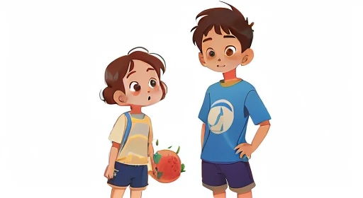  (China) A -yeld sh girl wearing blue shorts and a blue and white T-shirt, Holding a ball of watermelon in hand, And a boy (Chino) Height at 19 years old, Paired with white shirt, The first time they met，The girl was fascinated