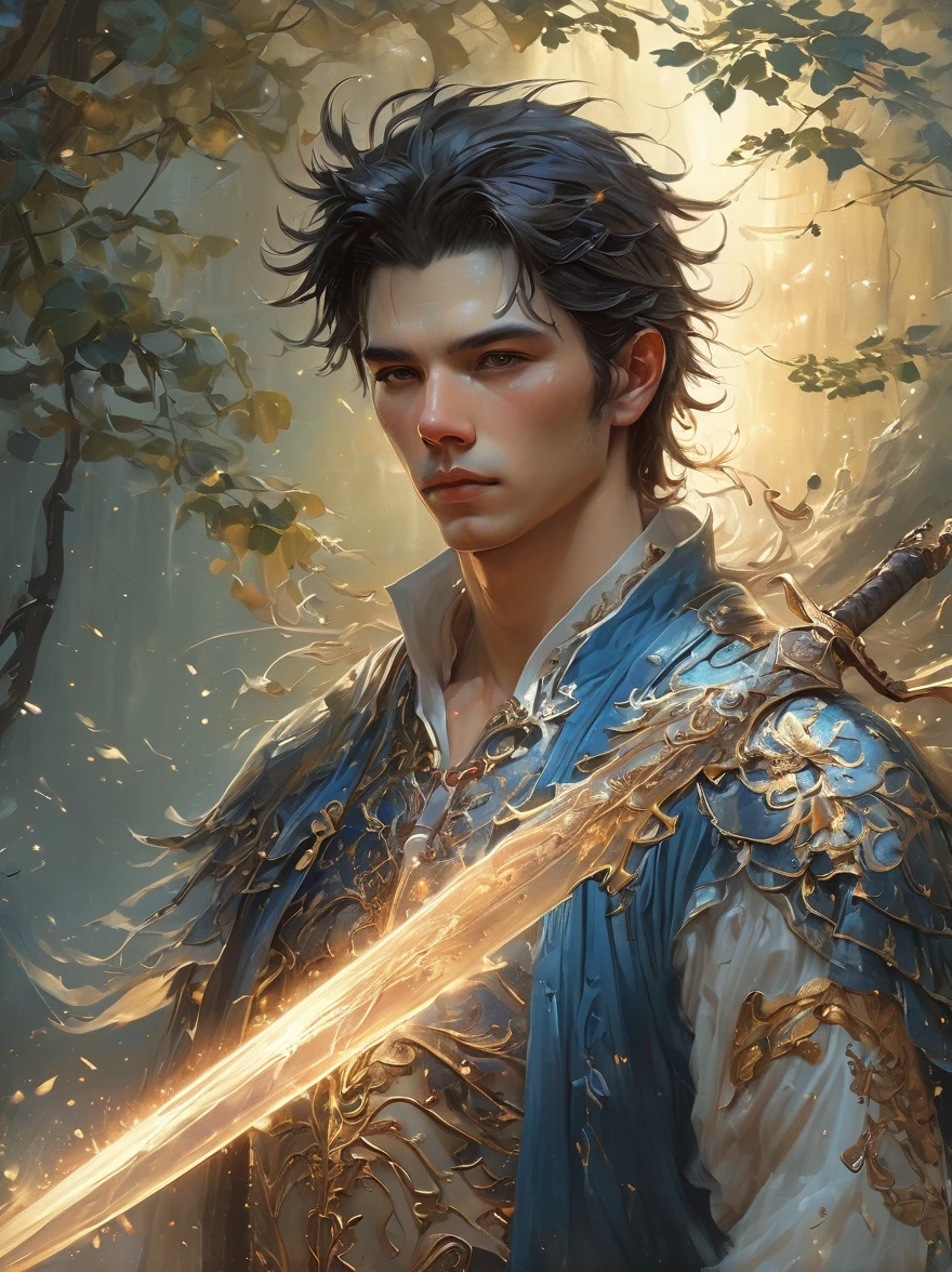 masterpiece，1 male，aldult，Beautiful face，young，advanced，Antique theme，Fairies，Ancient costumes，holding sword，Sunlight，street，Long hair flying，Sunlight，Background style，breeze blowing，Loose robe，fantasy landscape，Starlight around the character，（whole body），(first-person view, pov, UHD, retina, masterpiece, ccurate, anatomically correct, textured skin, super detail, award winning, 8k)
