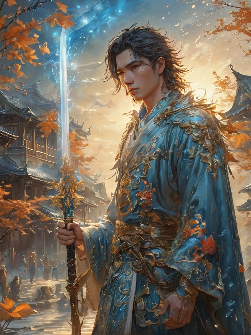 masterpiece，1 male，aldult，Beautiful face，young，advanced，Antique theme，Fairies，Ancient costumes，holding sword，Sunlight，street，Long hair flying，Sunlight，Background style，breeze blowing，Loose robe，fantasy landscape，Starlight around the character，（whole body），(first-person view, pov, UHD, retina, masterpiece, ccurate, anatomically correct, textured skin, super detail, award winning, 8k)
