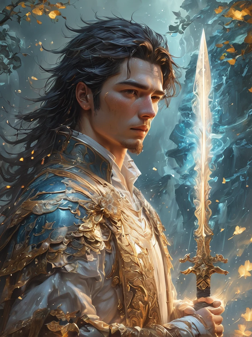 masterpiece，1 male，aldult，Beautiful face，young，advanced，Antique theme，Fairies，Ancient costumes，holding sword，Sunlight，street，Long hair flying，Sunlight，Background style，breeze blowing，Loose robe，fantasy landscape，Starlight around the character，（whole body），(first-person view, pov, UHD, retina, masterpiece, ccurate, anatomically correct, textured skin, super detail, award winning, 8k)
