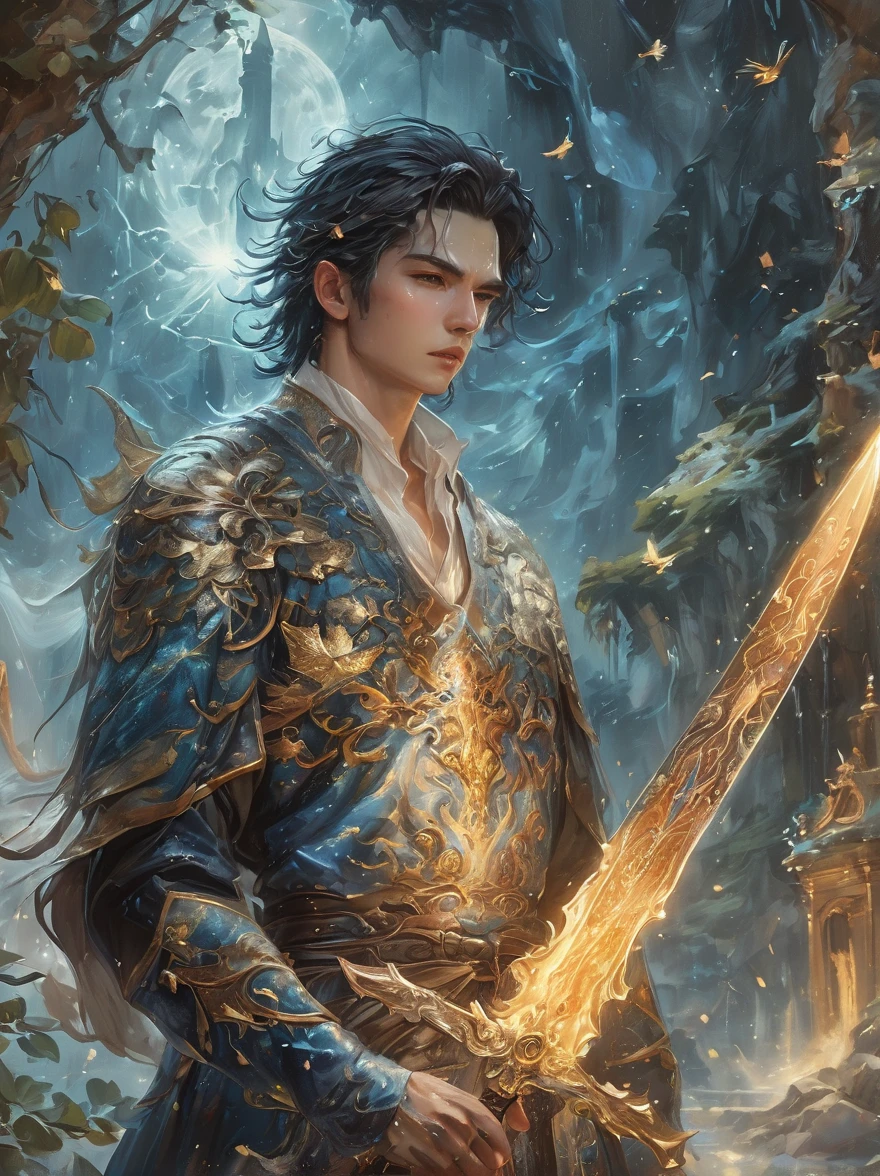 masterpiece，1 male，aldult，Beautiful face，young，advanced，Antique theme，Fairies，Ancient costumes，holding sword，Sunlight，street，Long hair flying，Sunlight，Background style，breeze blowing，Loose robe，fantasy landscape，Starlight around the character，（whole body），(first-person view, pov, UHD, retina, masterpiece, ccurate, anatomically correct, textured skin, super detail, award winning, 8k)
